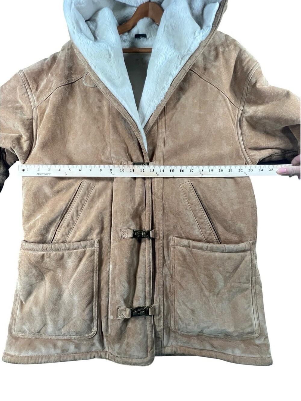 Gallery Genuine Leather Shearling Hooded Toggle Coat Tan Women’s M Quiet Luxury - Picture 4 of 8